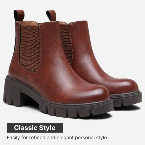 Vepose Women's Cognac Faux Leather Lug Sole Elastic Slip on Ankle Booties - Picture 5 of 9